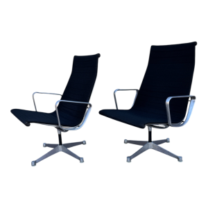 Sillones Eames Aluminium Group Lounge Chair Originales – Par Vintage en Aluminio Pulido y Tapizado Negro | Diseño de Charles and Ray Eames